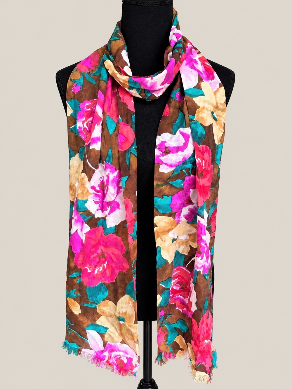Express 100% Silk Floral Scarf Pink Rose Brown Teal Fringe Vintage